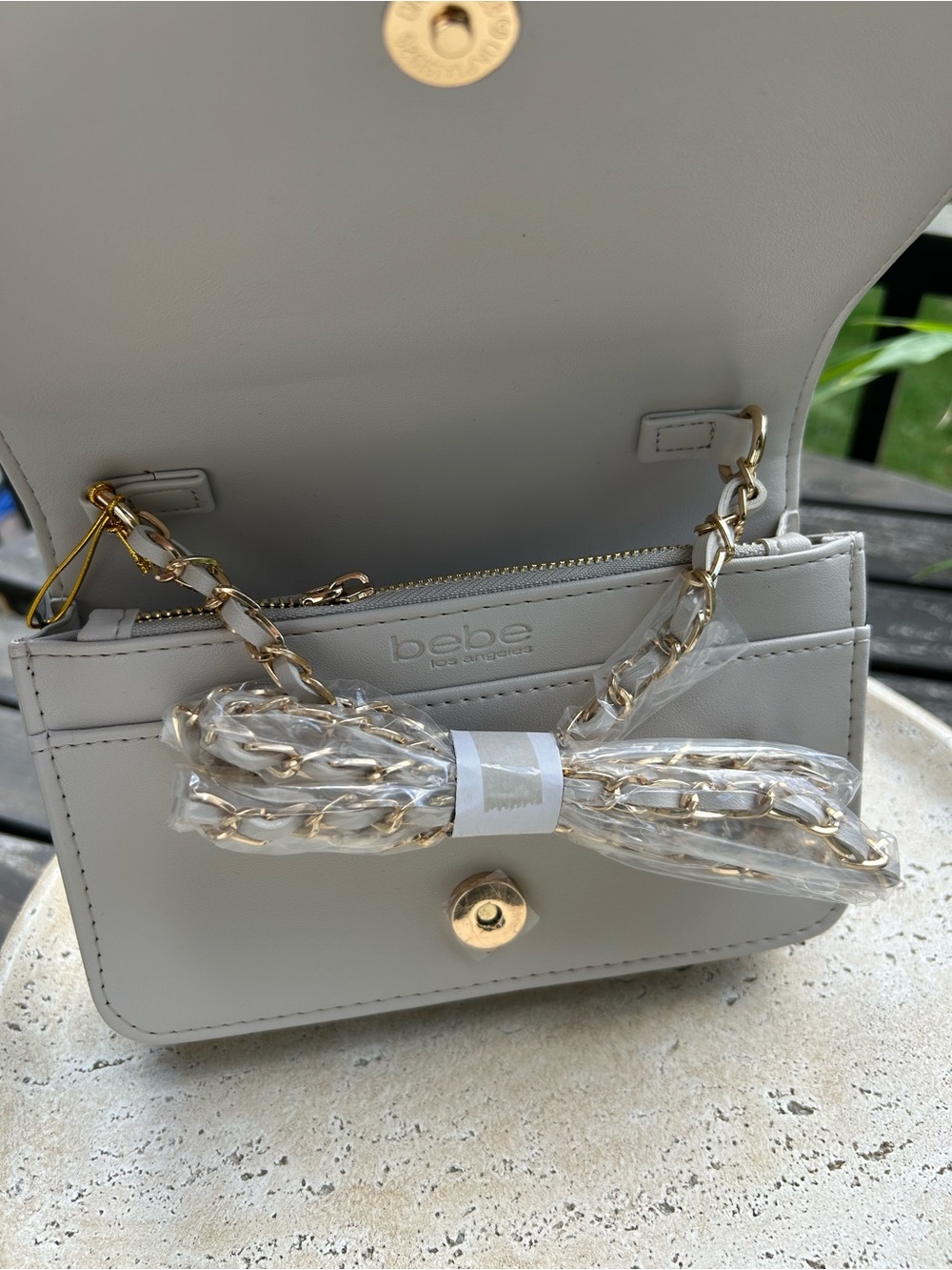 bebe Quilted Crossbody Bag in‎ Light Gray with Gold Plaque - Picture 2 of 7